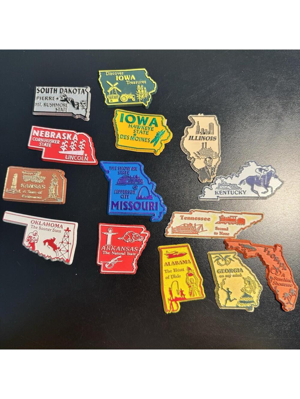 Vtg Lot of 14 USA States Rubber Refrigerator Magnets MO AR IA TN IL FL GA More!